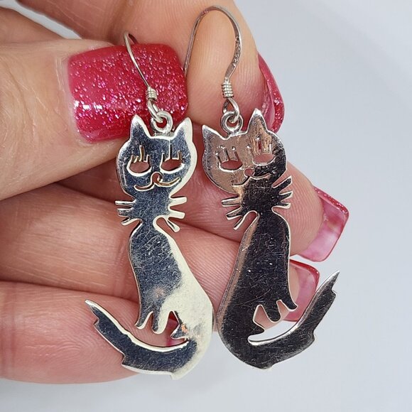 Vintage Kitty Cat Gato Silhouette Dangle Pierced Earrings in Sterling Silver - Picture 1 of 11